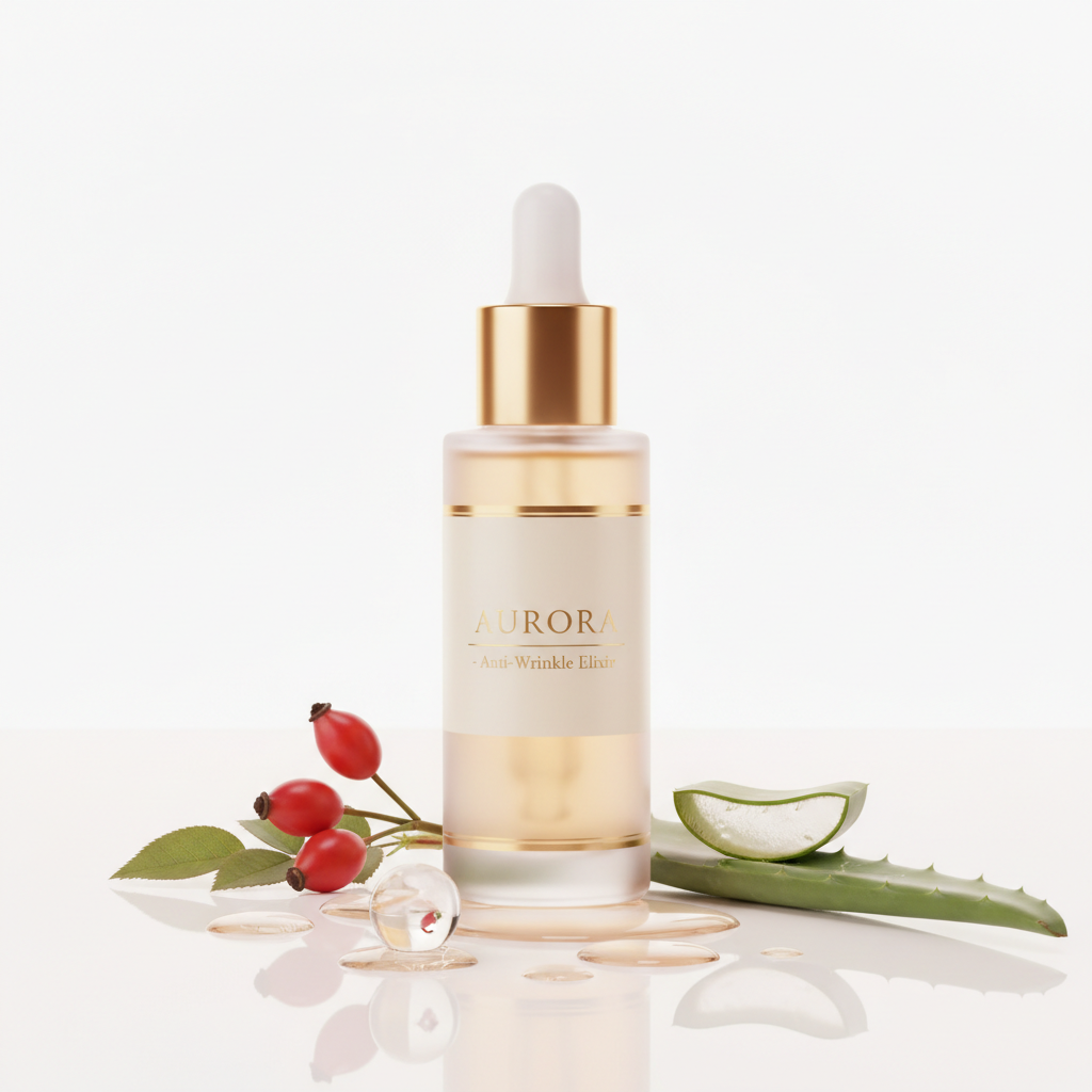 Anti-wrinkle facial serum bottle with botanical elements on white background