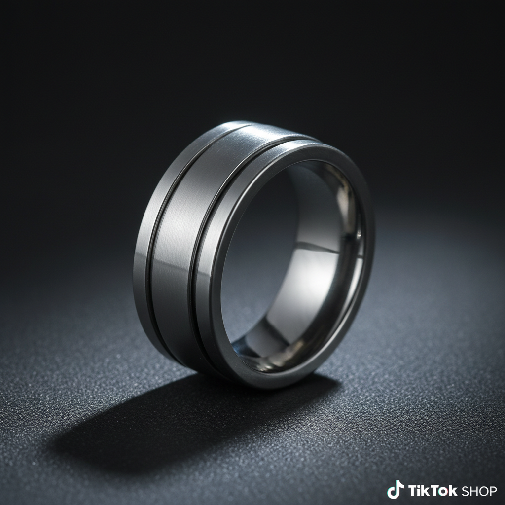 Stainless steel spinner fidget ring with brushed metal finish on dark matte surface
